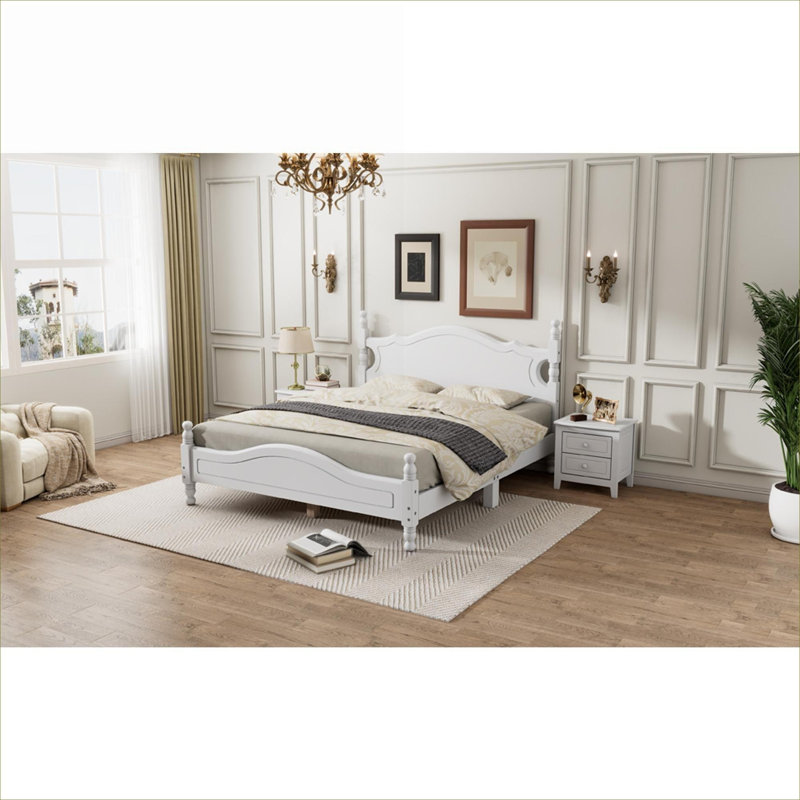 White-toned solid wood platform bed frame, accommodates queen size mattresses for daily bedroom use with classic retro style