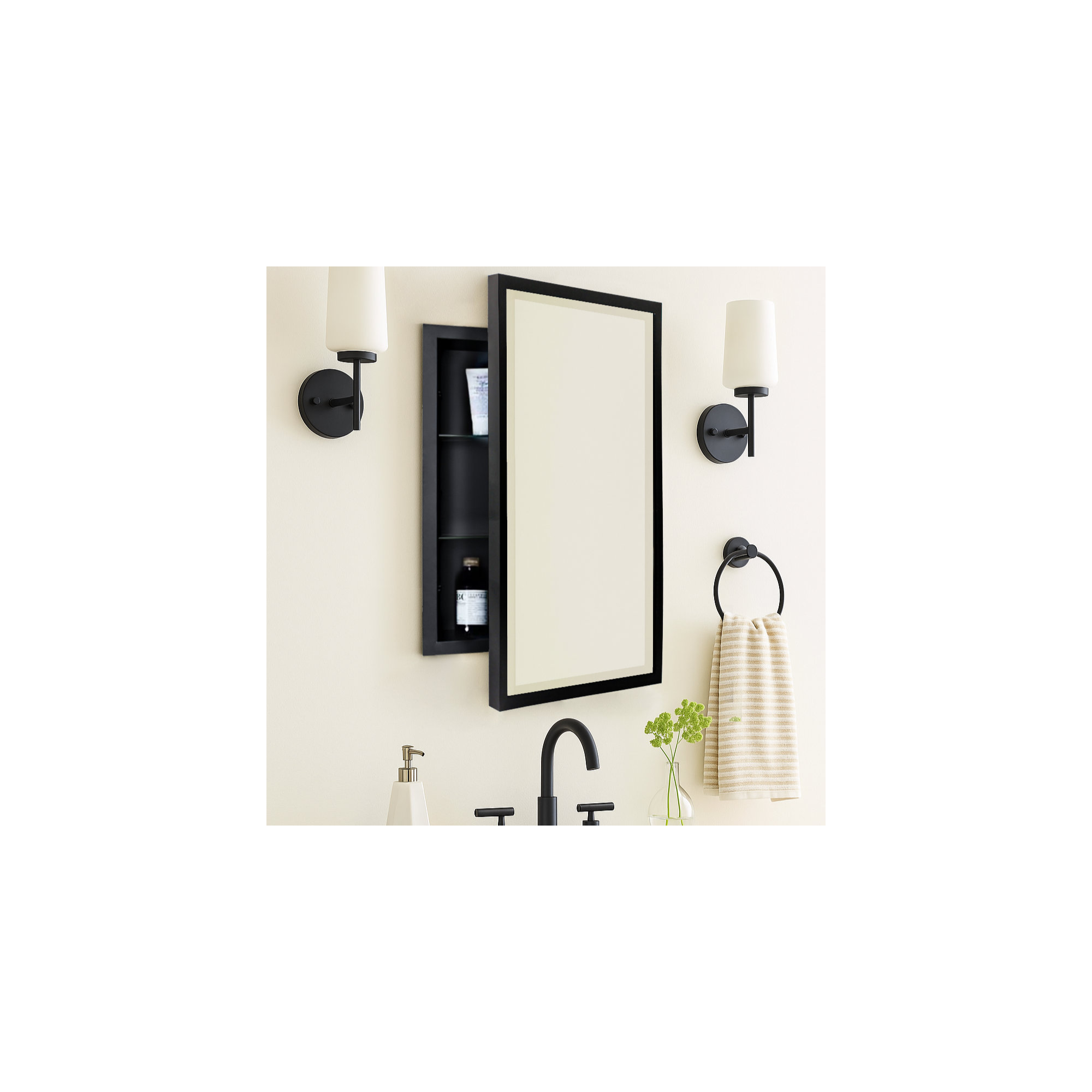 Haddison Recessed Framed Medicine Cabinet with Mirror and Adjustable Shelves, 24" x 16", Matte Black