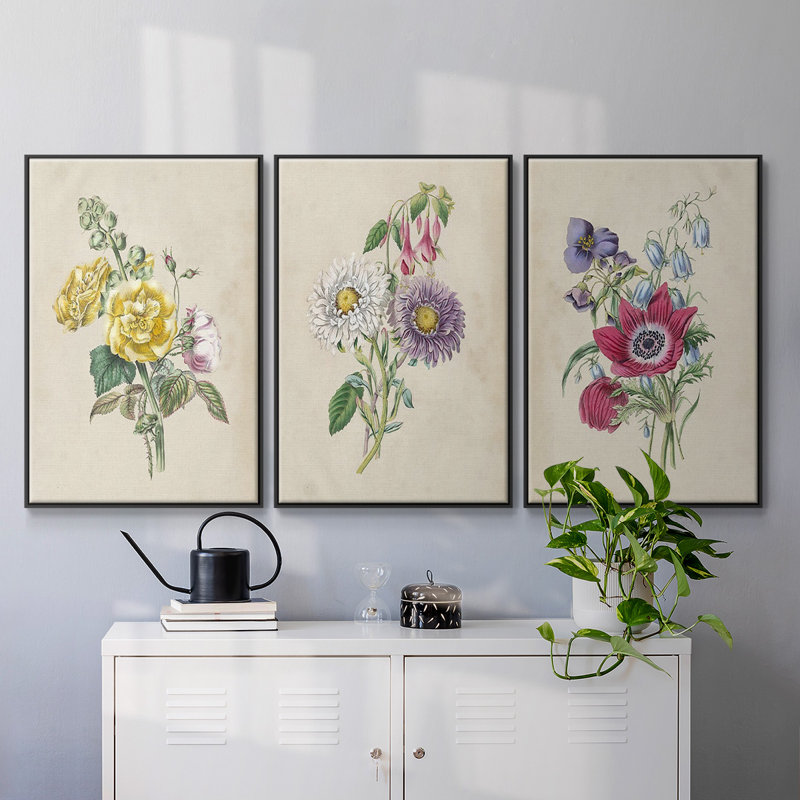 Antique Garden Bouquet I, ensemble de 3 toiles encadrées, Noir, H 40 po x l 78 po
