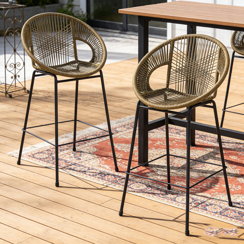 Outdoor Patio Black Faux Wicker Barstool Set, Green