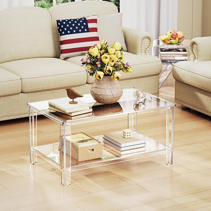 Coffee Table With Storage Shelf,Rectangle Living Room 2-Tier Center Table For Small Spaces (Rectangle, Nomal), Clear