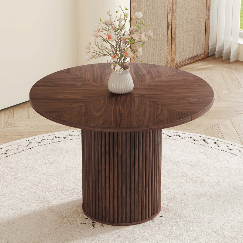 Table de salle à manger ronde moderne en noyer massif, pieds avec rangement dissimulé et plateau résistant en forme d'éventail