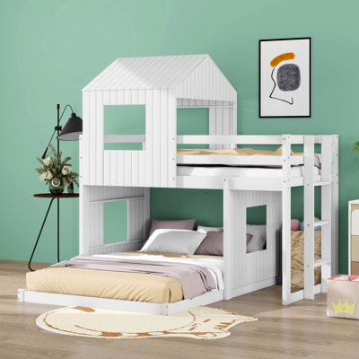 Lit superposé simple au-dessus d'une chambre double avec échelle et garde-corps de sécurité, lit mezzanine avec lit superposé pour enfants