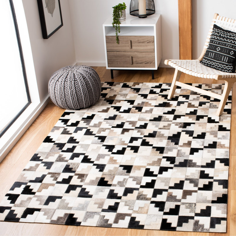 Stasia Hand Woven Leather Geometric Rug, Rectangle 5' x 8'