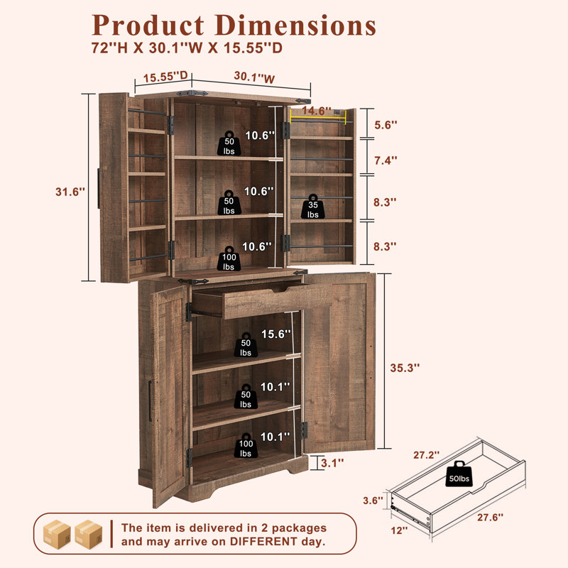 Garde-manger Aaleah 72'' avec 8 tablettes suspendues, meuble de cuisine autoportant avec étagères réglables, portes magnétiques et conception anti-basculement