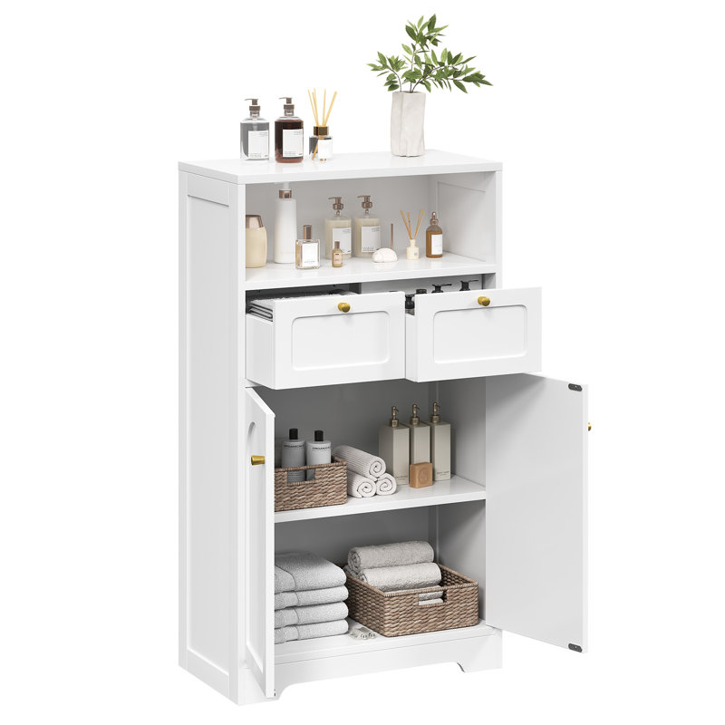 Armoire de salle de bain autoportante avec tablette ouverte 2 portes 2 tiroirs, rangement au sol pour la salle de bain, cuisine