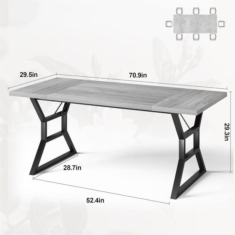 Modern Industrial Dining Table for 6 – 70.9'' Sturdy Rectangular Wooden Table – Heavy-Duty Metal Legs – Space-Saving & Mark-Resistant – Farmhouse Style – Black Iron + Gray
