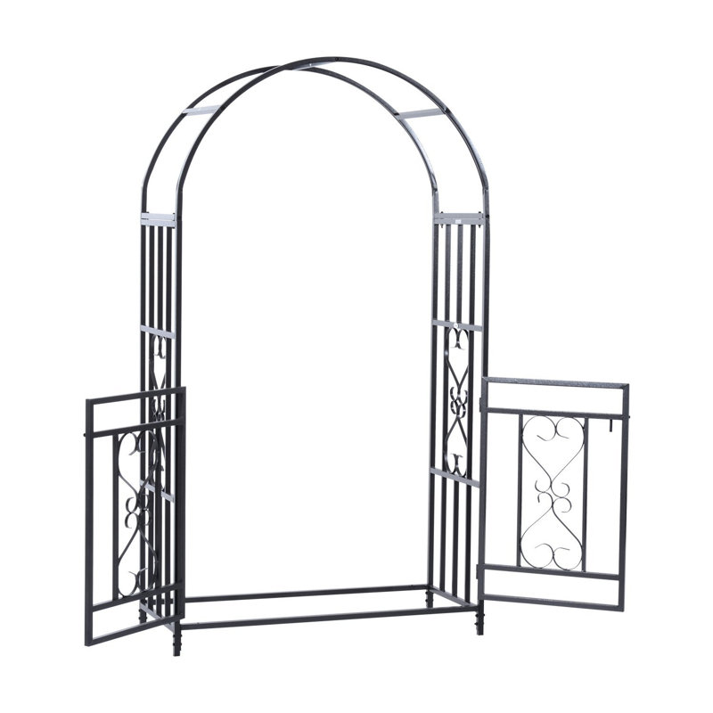 Black Steel Garden Arbor with Gate and Scrollwork