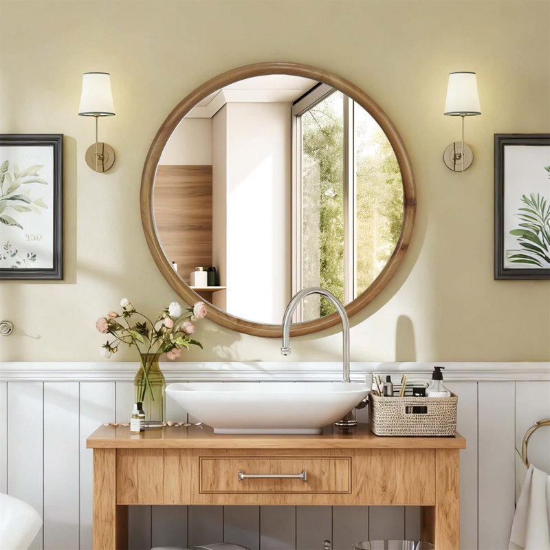 Miroir mural rond en bois 27,56 ", miroir Mid-Century