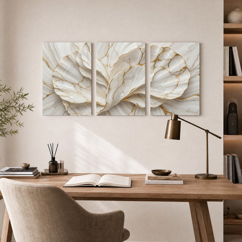 Ensemble de 3 toiles abstraites en marbre veiné d'or blanc, 36"H x 24"W x 3pcs