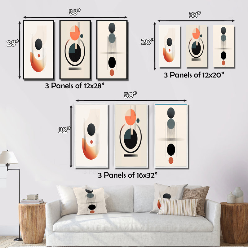 Full Moon Delight Retro Geometric Minimalism - Transitional Art Set Of 3 Pieces, Encadrement doré, H 40 po x l 60 po