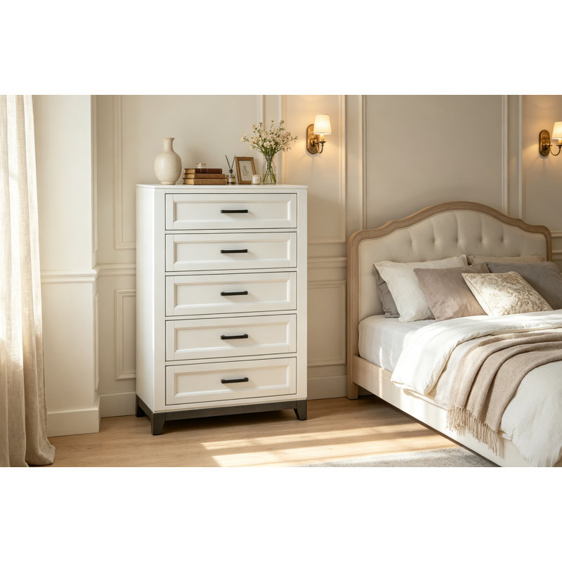 Commode bicolore blanche à 5 tiroirs, meuble de rangement de chambre en bois d'acacia de style transitionnel avec tiroirs doublés de feutre