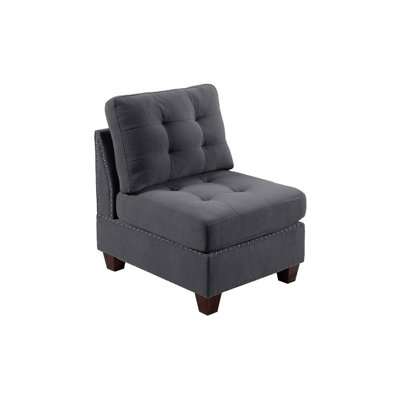 Meuble de salon capitonné gris sans accoudoirs 1 pièce sans accoudoirs Coussin clouté Pieds en bois gris + espace de vie principal + contemporain, moderne + tissu