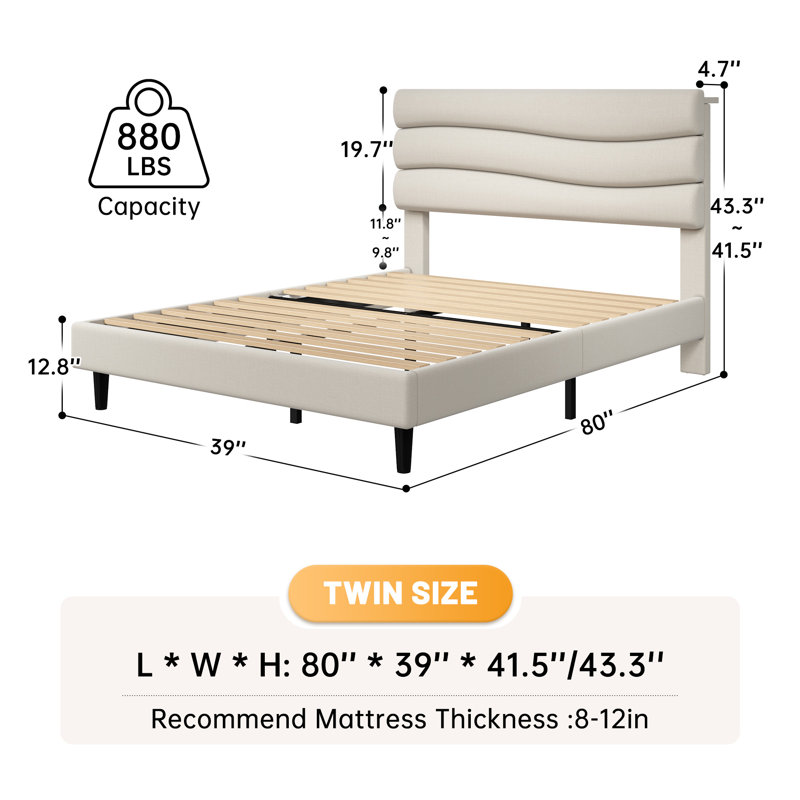 Upholstered Storage Bed with Charging Station, Beige, Twin