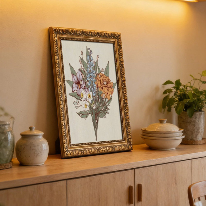 Cadre mural vintage orné de motifs floraux – Cadre décoratif doré pour œuvres d'art., L 8 po x l 12 po