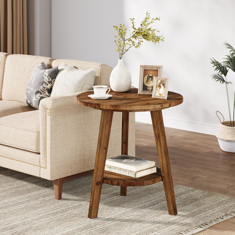 Table d'appoint ronde en bois massif, table de bout à 2 niveaux avec tablette de rangement