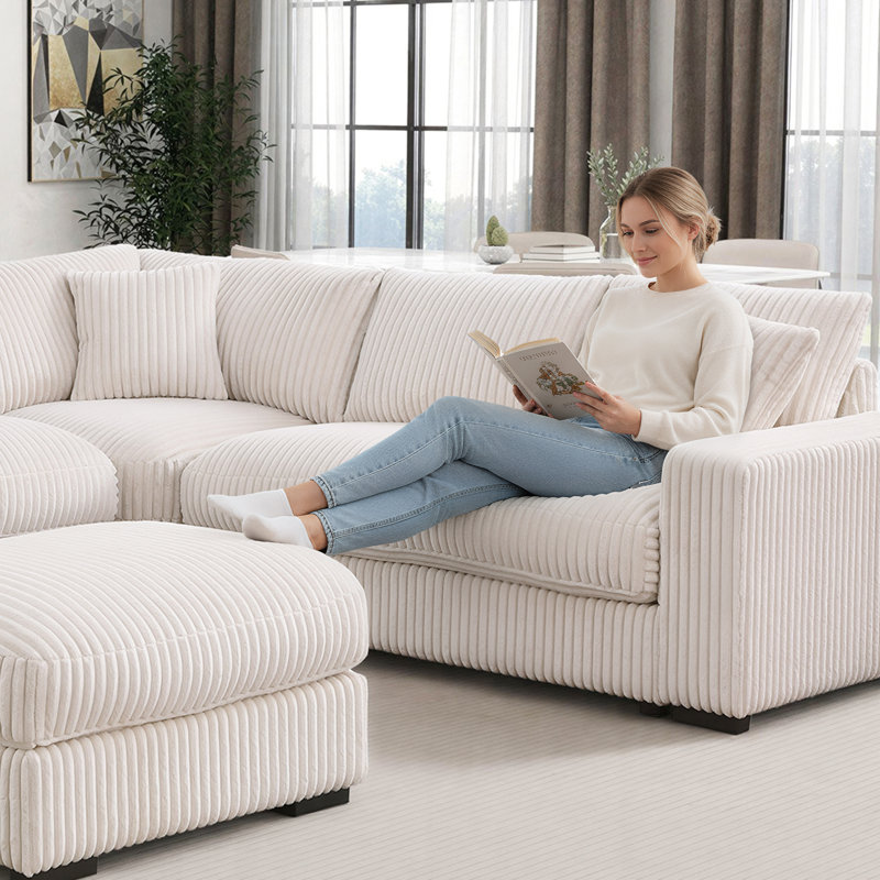 Burwell 99" 4 - Piece L-Shaped Corner Sectional Sofa with Multifunctional Ottoman, Beige Corduroy
