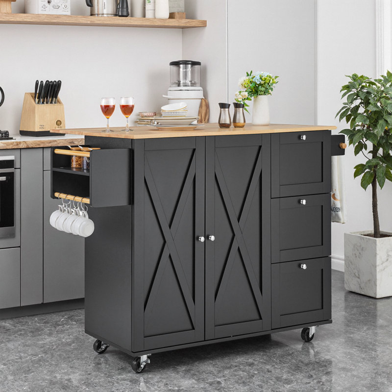 Black Kitchen Island Cart on Wheels with Drawers, Shelves, Storage Cabinet & Towel Rack, Black, Manufactured Wood