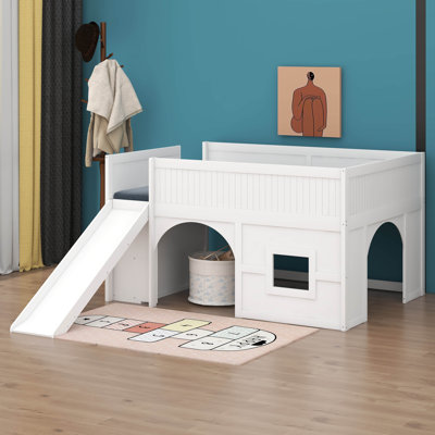 Full Size Low Loft Bed With Slide And Shelves, Wooden Loft Bed Frame With Storage Shelves, Door And Window Design