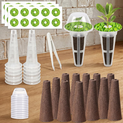 Ensemble d'accessoires à graines 67 pièces pour systèmes de culture hydroponique, convenant à la plupart des appareils hydroponiques, comprenant 12 éponges de culture, 12 paniers de culture, 12 dômes d'humidité, 30 marqueurs de plantes et 1 paire de pinces
