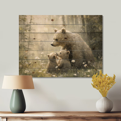 Mother Bear With Cubs In Winter I - Bear Wood Print - On Natural Pine Wood