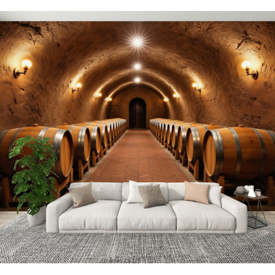 Peel and Stick Wallpaper Rustic Wine Cellar Tunnel Oak Barrels Warm Home Bar Club Party Wall Murals 69"H x 96"W Removable PVC Wall Paper Self-Adhesive Wall Decor for Bedroom Living Room Home Office