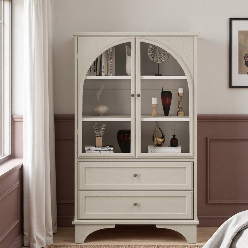 Armoire de rangement vitrée avec 2 tiroirs et tablettes réglables, Blanc rétro