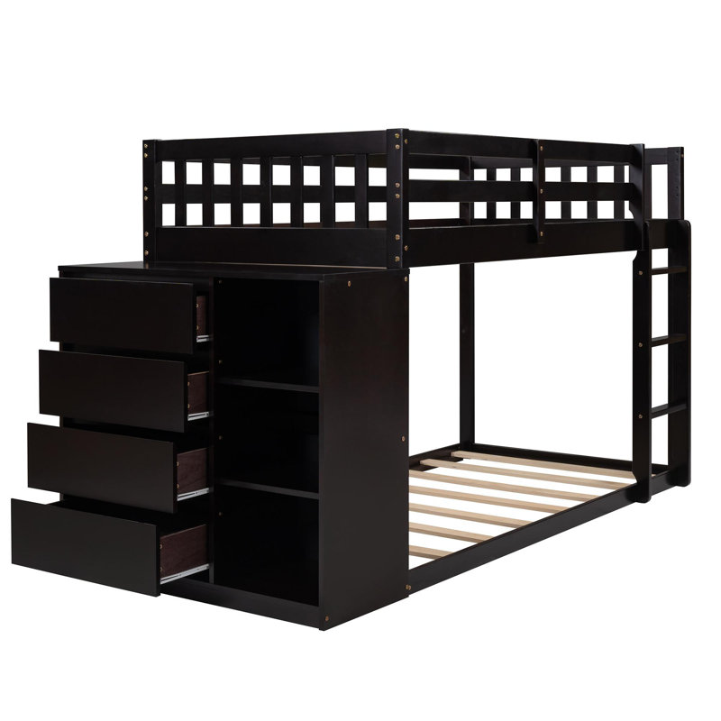 Lit superposé simple au-dessus de simple en bois massif 4 tiroirs avec bibliothèque Abdifatah par Harriet Bee, Espresso