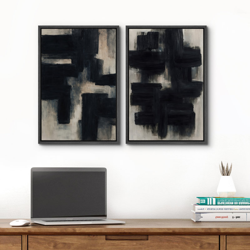 Art mural abstrait, ensemble de 2 reproductions d'art encadrées sur toile, Noir, H 36 po x l 48 po