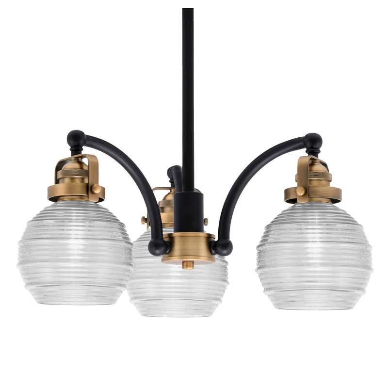 Lustre 3 lumières avec verre transparent nervuré Easton, Noir mat/nickel brossé, H 6,5 po x l 16,25 po x P 16,25 po