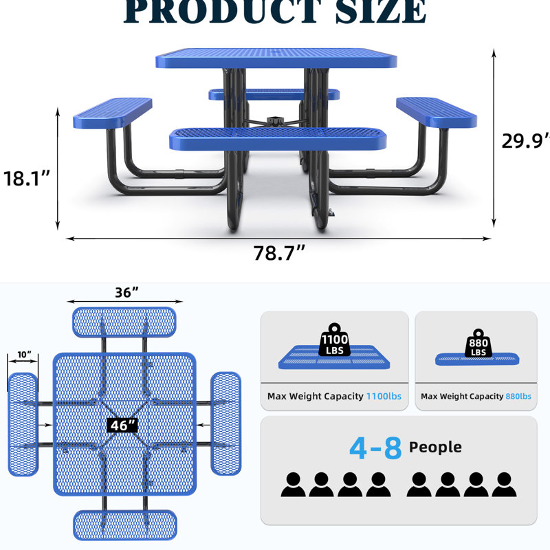 Table carrée pique-nique extérieure bleue de 46 pouces avec parasol de 48 mm, filet en acier de 2,5 mm pour une utilisation à long terme, pieds solides de 482,0 mm, éléments durs enduits par trempage à chaud, trou d'assemblage inclus,