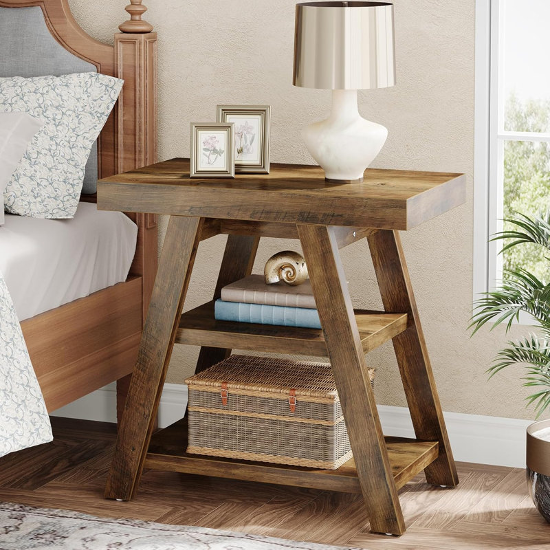 3-Tier Farmhouse End Table Narrow Sofa Side Table, Rustic Brown