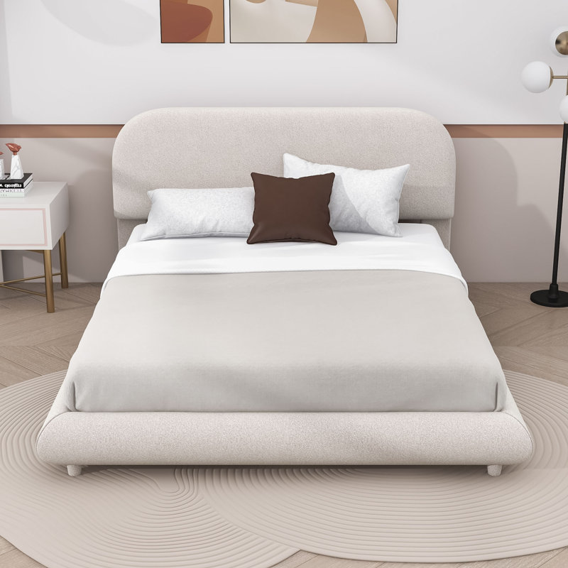 Lit plateforme tapissier Milenka avec tête de lit courbée, Beige, Grand