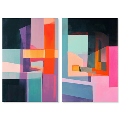 Color Blocks Diptych Canvas Print Colorful Wall Decor Set by Art Remedy, Black Frame, 10 x 15