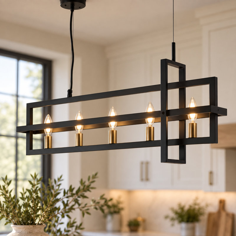 Suspension linéaire à 5 lumières Setser, intensité variable, avec structure géométrique en métal, noir et cuivre, pour îlot de cuisine
