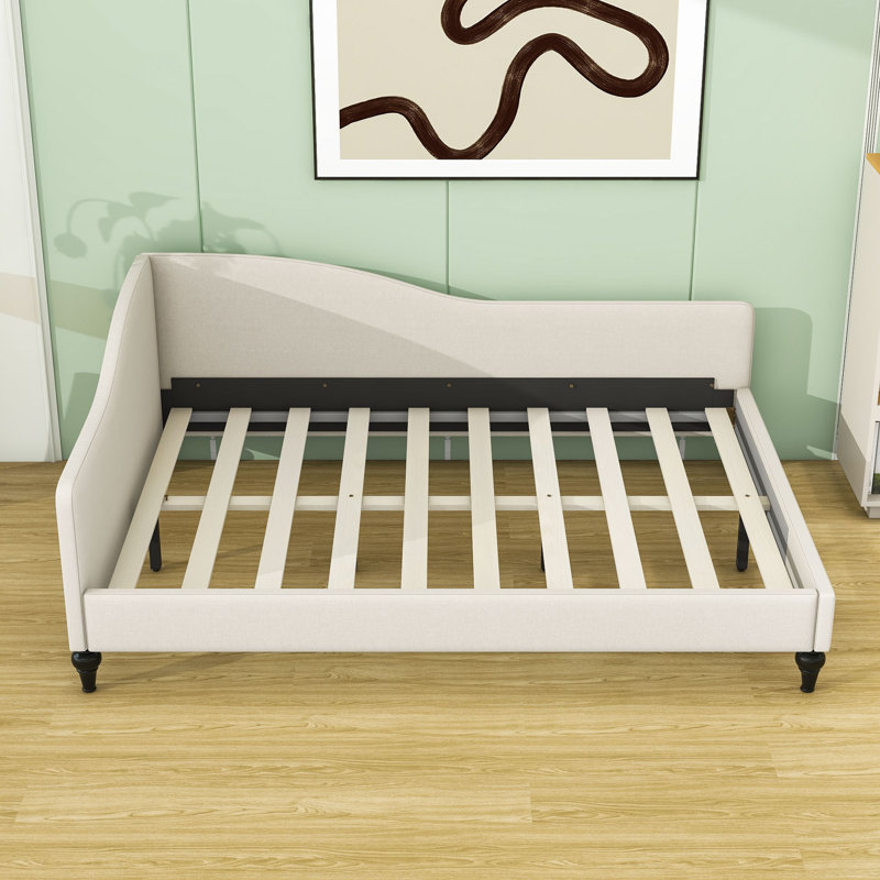 Aghilas Linen Upholstered Daybed with Wood Legs and Slats, Beige, Full