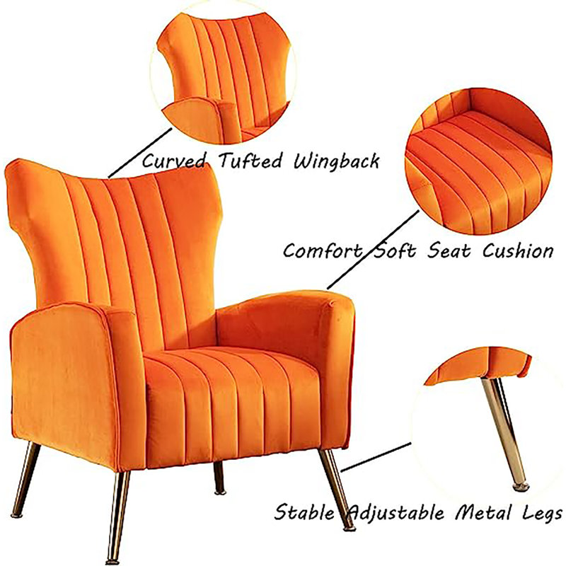 Orange Velvet Wingback Accent Chair with Gold Legs