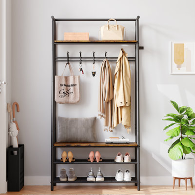 Coat Rack, Hall Tree with Bench and Shoe Storage, Entryway Bench with Coat Rack, 5 Hooks and 3 Tier Shoe Storage, Metal Frame for Entryway, Hallway, Front Door, Rustic Brown