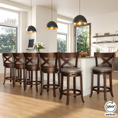 Tabouret de comptoir pivotant rembourré de 66 cm (26 po) avec cadre en bois massif et assise en similicuir pour la cuisine (ensemble de 6)