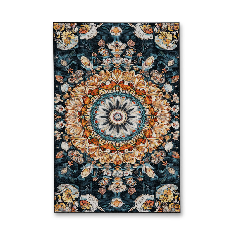 Tapis noir tissé à motif lavable traditionnel Mosso, 2'6" x 4'11"