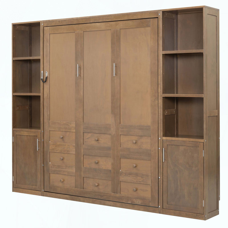 Grand lit escamotable avec tablettes et armoires de rangement, Bois