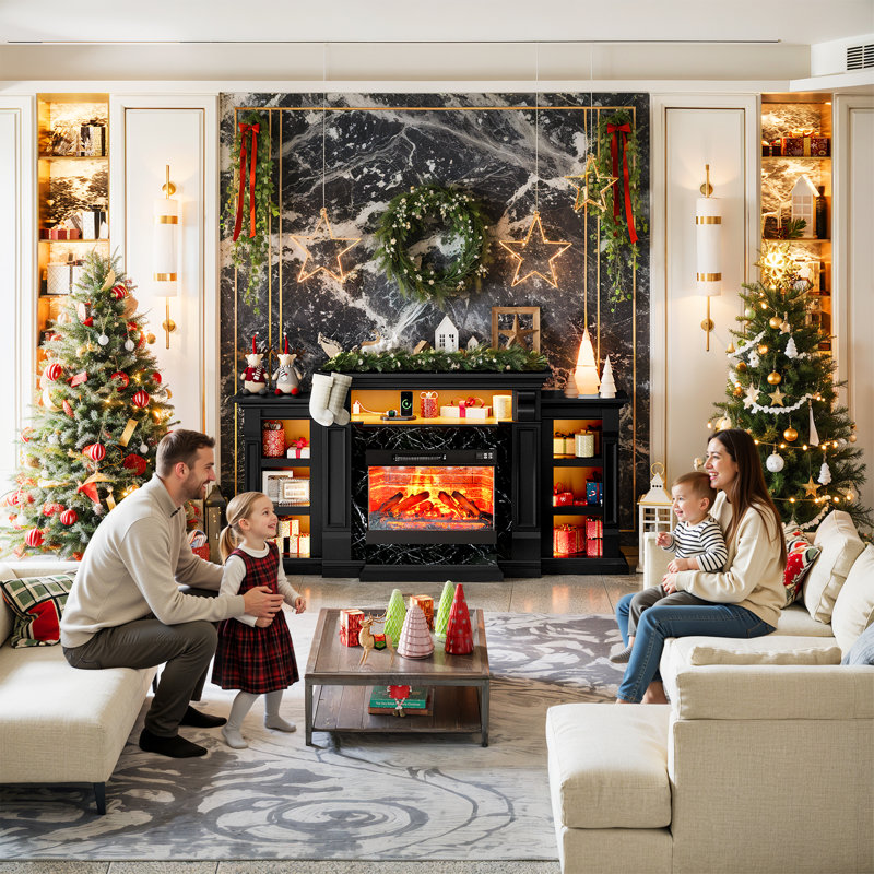 72" Electric Fireplace with Mantel and Cabinets, Fireplace TV Stand for TVs up to 80", LED Light & Power Outlet, 3-Side Glass Realistic Flame Insert Heater for Living Room Bedroom, Black
