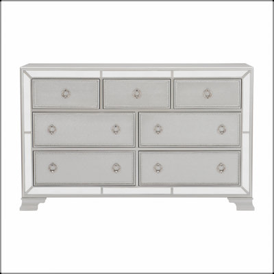 Commode 7 tiroirs à finition argentée glamour avec garniture de miroir biseautée pour les chambres à coucher modernes