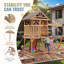 Portique en bois avec glissade ondulée, mur d'escalade, 2 balançoires à sangles et tour d'observation, aire de jeux pour enfants dans le jardin.
