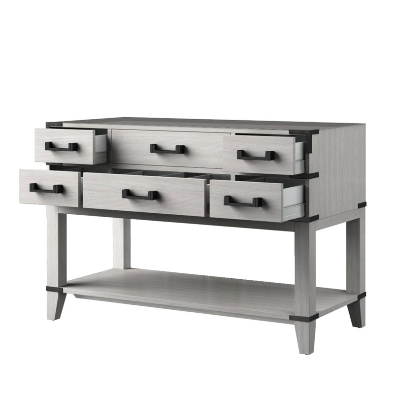 48 po W Meuble-lavabo simple en chêne blanc avec fonctionnalité de fermeture en douceur, cinq unités de tiroir, tablette ouverte, noyau et côtés en bois massif pour une installation rapide des tiroirs de fermeture, armoire de rangement, entièrement construit facile