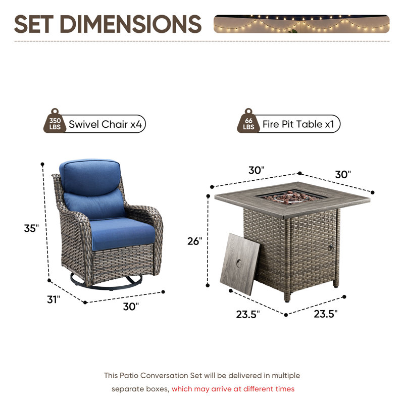 Ensemble de conversation pivotant en osier pour 4 personnes avec table carrée Anner, Bleu, Gris