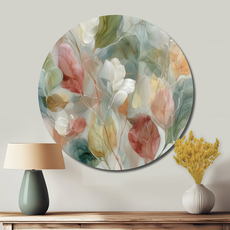 Douces feuilles en aquarelle brumeuse - Plantes, décoration murale ronde en métal, L 16 po x H 16 po
