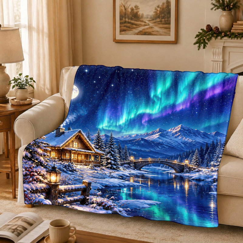 Couverture en flanelle imprimée Aurora Borealis Cabin (1 pièce) – Motif hivernal douillet ; Lavable à la machine (une face) ; Parfait pour la décoration du salon ; Disponible en plusieurs tailles ; Parfait pour les voyages et le camping ; Un cadeau original. Convient également pour le sofa et la literie.