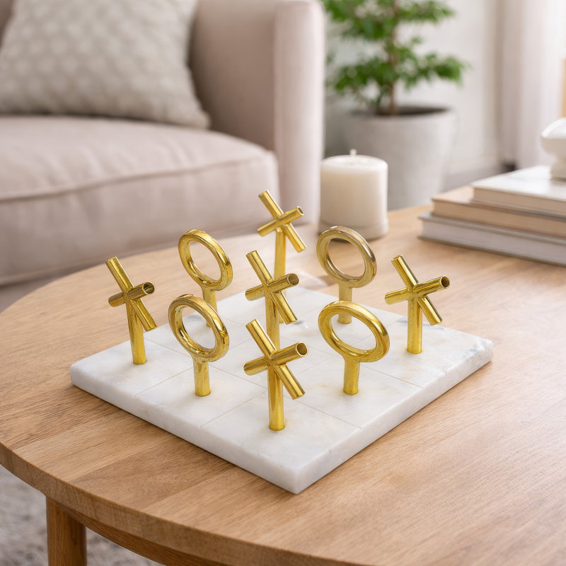 Ensemble de jeu Tic Tac Toe, décor en fer doré 7 pouces, marbre blanc Banswara