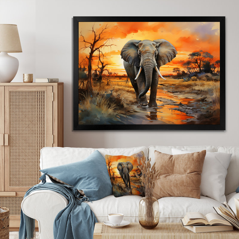 Éléphant d'Afrique, prairies II sur toile, Cadre photo noir, H 34 po x l 44 po x P 1,5 po